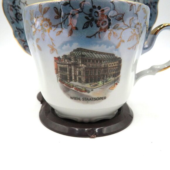 Vintage Vienna State Opera Cup Saucer Set Gold Trim Floral Design Plastic Stand - Picture 2 of 16